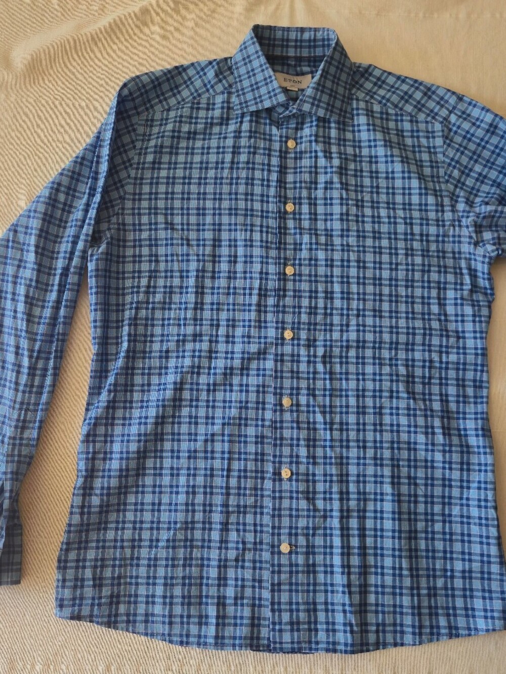Eton Slim Fit Blue Plaid Dress Shirt Size Large